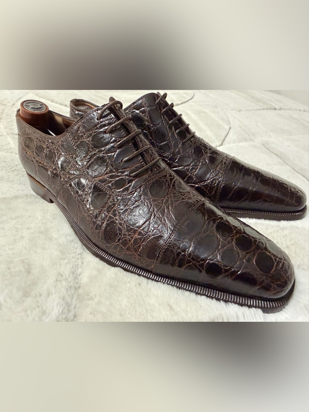 $2,995 Fratelli Rossetti Genuine Brown Crocodile Alligator Cap-toe Oxfords 8.5 9
